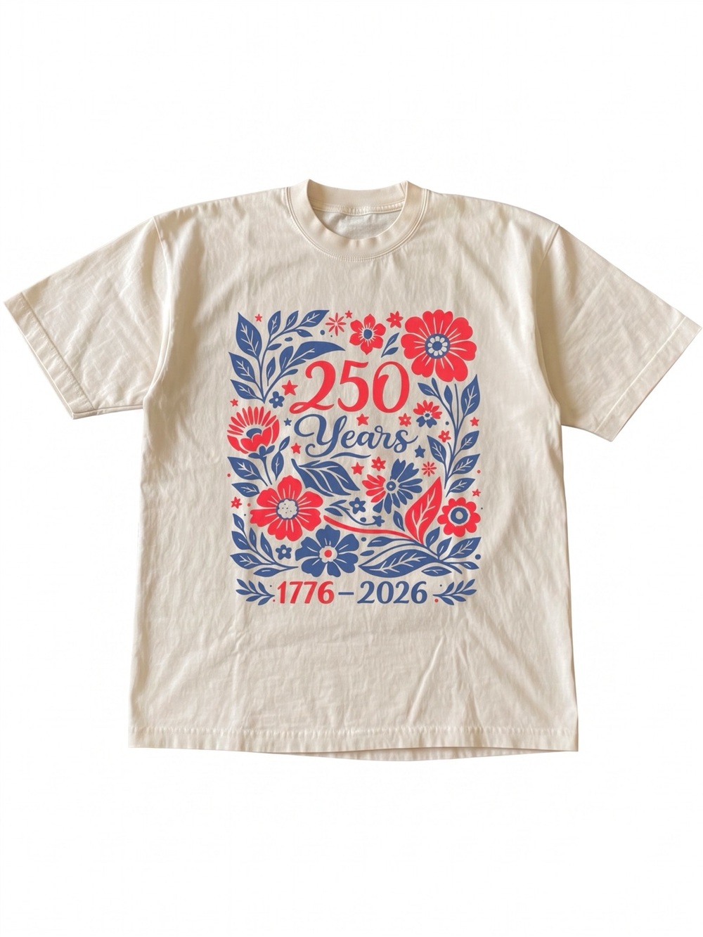 Gildan Cream Short Sleeve Tee with Red & Blue Floral 250 Years Graphic